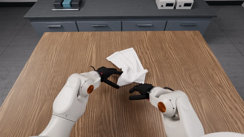 Two dexterous hands folding a towel in simulation